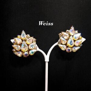 Weiss Aurora Borealis Teardrop Rhinestone Earrings, Gold Plated, 1950s Vintage